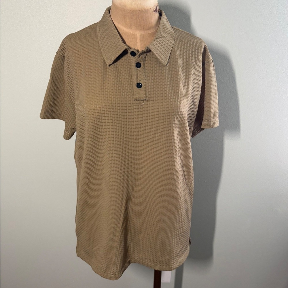 Bang Ni Mu Mens Khaki Tan Textured Short Sleeve Polo Shirt L